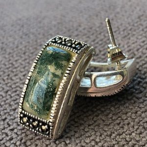 Moss Agate 925 Marcasite Earrings